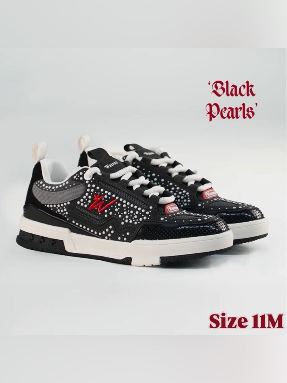 'Black Pearls' Studded Black Sneakers with Red Accent- Size 11M